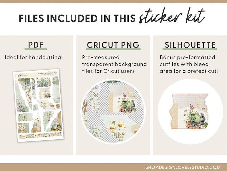 May include: A digital download sticker kit with three different file types: PDF, Cricut PNG, and Silhouette. The kit features a nature-themed design with a compass, flowers, and a vintage aesthetic.