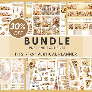 May include: A bundle of planner stickers and decorative elements with a sunflower theme. The set includes various designs, such as floral borders, journal pages, and decorative accents. The text "BUNDLE" and "30% OFF" are visible. Fits 7"x9" vertical planner.