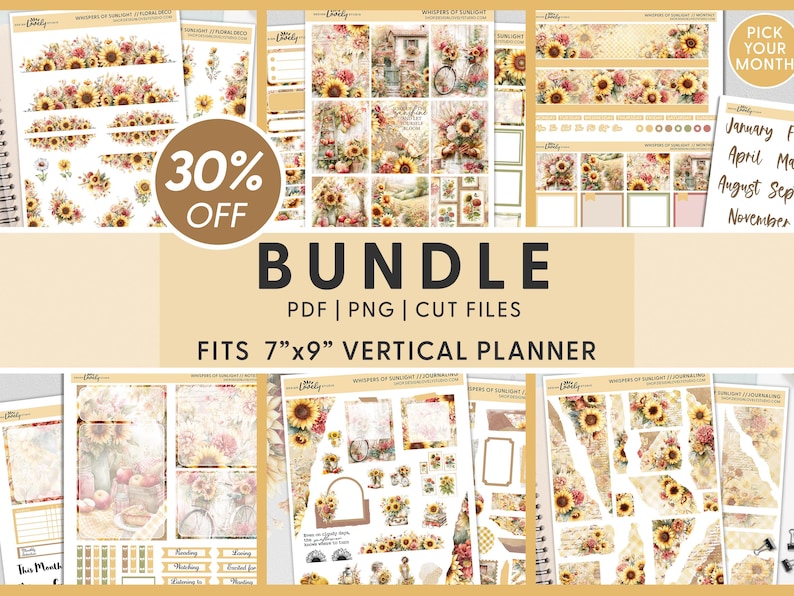 May include: A bundle of planner stickers and decorative elements with a sunflower theme. The set includes various designs, such as floral borders, journal pages, and decorative accents. The text "BUNDLE" and "30% OFF" are visible. Fits 7"x9" vertical planner.