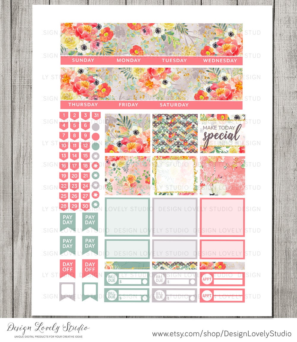 PRINTABLE Floral Monthly Planner Stickers, for Erin Condren Life ...