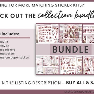 May include: A collage of sticker sheets featuring a floral and vintage aesthetic. The sticker sheets include weekly and monthly planner stickers, floral accents, and journaling stickers. The text "BUNDLE" is displayed in a large font on a pink background. The text "LINK IN THE LISTING DESCRIPTION - BUY ALL & SAVE!" is displayed at the bottom of the image.