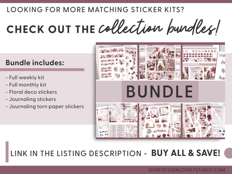 May include: A collage of sticker sheets featuring a floral and vintage aesthetic. The sticker sheets include weekly and monthly planner stickers, floral accents, and journaling stickers. The text "BUNDLE" is displayed in a large font on a pink background. The text "LINK IN THE LISTING DESCRIPTION - BUY ALL & SAVE!" is displayed at the bottom of the image.