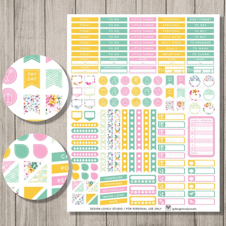 May include: A set of colorful planner stickers with floral patterns, geometric shapes, and text. The stickers include phrases like "Pay Day", "To Do", "Little Things", "Work", "Appointment", "Cancelled", "Postponed", "Rescheduled", "Maybe Later", "Nope", and "Weekly Spending".