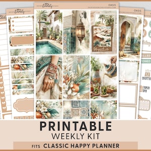 May include: A printable weekly kit for a Classic Happy Planner, featuring a watercolor design with images of an oasis, palm trees, and a woman's hand with bracelets. The kit includes stickers and decorative elements in shades of beige, teal, and brown.