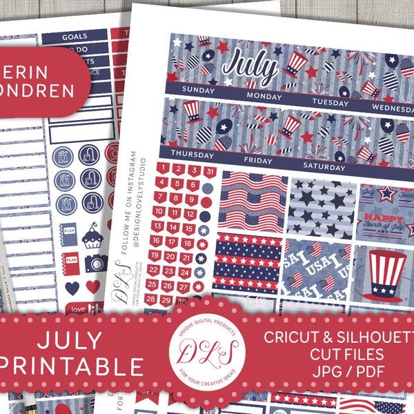 July Monthly View Kit, July Monthly Stickers, ECLP July Stickers, 4th of July Monthly Kit, fits your Erin Condren Planner, MV129