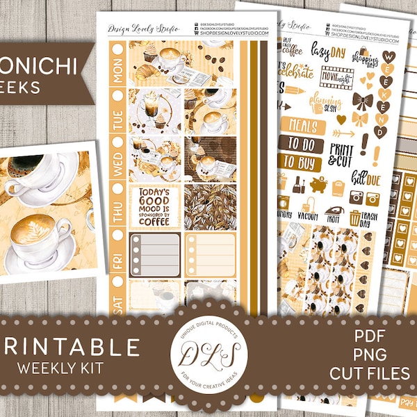 Printable COFFEE TIME Planner Stickers Kit, Hobonichi Weeks Planner Stickers, Coffee Planner Stickers Kit, Printable Stickers, HO138