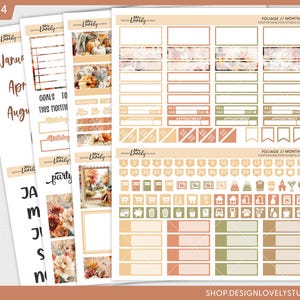 May include: Planner stickers with a fall theme. The stickers include monthly calendars, decorative elements, and functional labels. The color palette features warm tones of orange, beige, and green. A silver pen rests on the right side of the stickers.