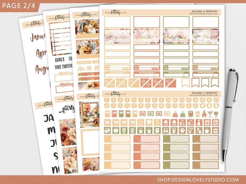 May include: Planner stickers with a fall theme. The stickers include monthly calendars, decorative elements, and functional labels. The color palette features warm tones of orange, beige, and green. A silver pen rests on the right side of the stickers.