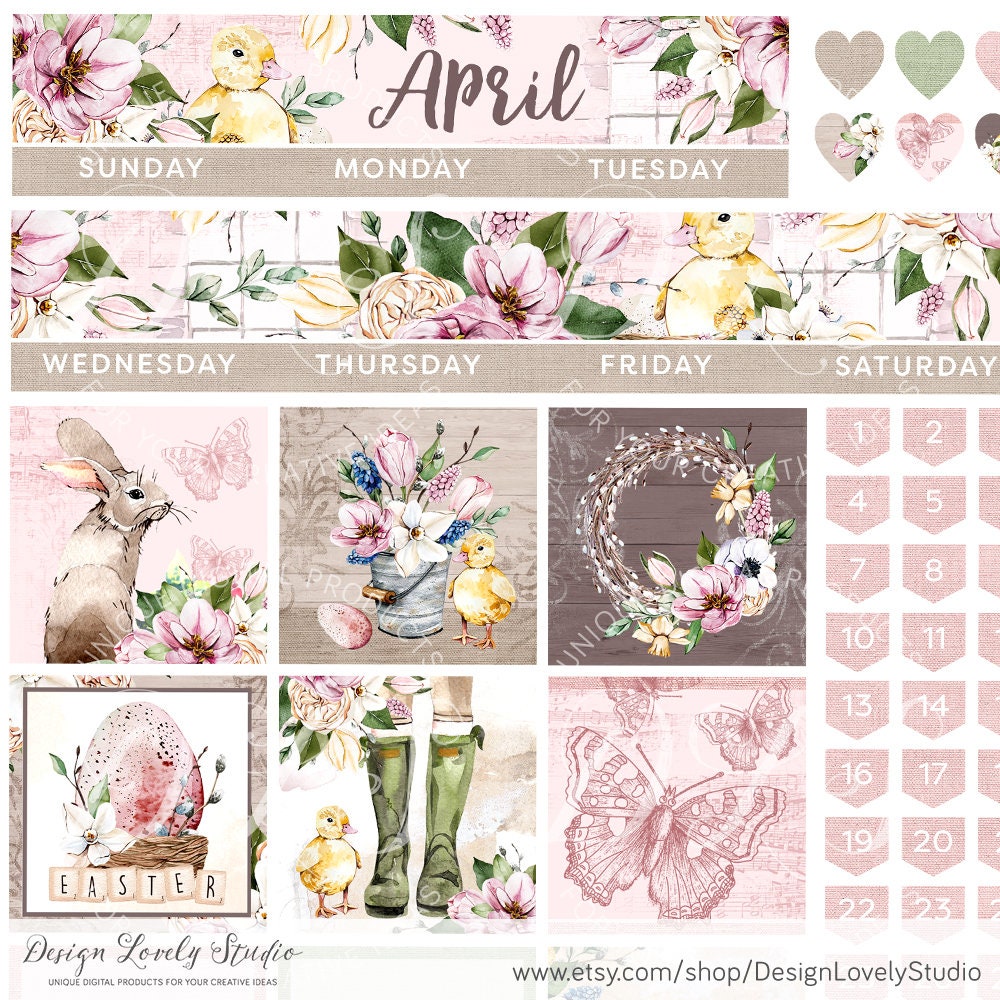 April Monthly Stickers Kit, Big Happy Planner Printable Stickers ...
