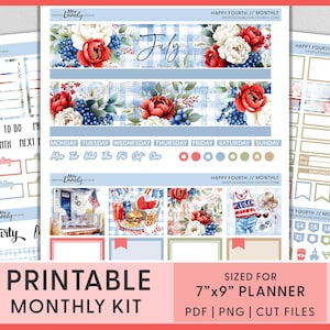 July Monthly Kit – 4th of July Printable Planner Stickers for Erin Condren, Patriotic Stars and Stripes, Summer BBQ & USA Theme,  MV276