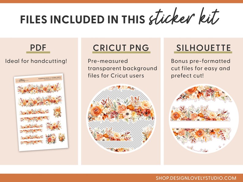 May include: A digital download sticker kit featuring a floral design with orange, yellow, and brown colors. The kit includes PDF, Cricut PNG, and Silhouette files.