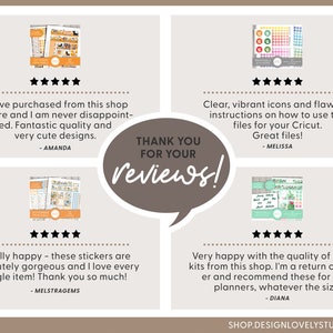 May include: Four customer reviews with five-star ratings for sticker kits. The reviews highlight the quality, cuteness, and ease of use of the products. The text includes "Thank you for your reviews!"