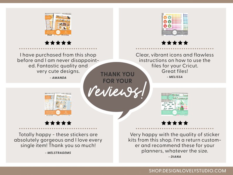 May include: Four customer reviews with five-star ratings for sticker kits. The reviews highlight the quality, cuteness, and ease of use of the products. The text includes "Thank you for your reviews!"