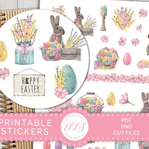 May include: Printable Easter stickers featuring a bunny rabbit, eggs, flowers, and a sign that says "Happy Easter".