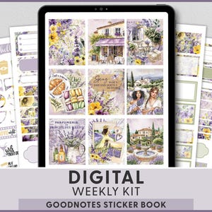 May include: Digital weekly kit for GoodNotes, featuring watercolor illustrations in shades of purple, yellow, and green. The kit includes stickers with floral and French-inspired designs, along with functional elements for planning and organization.