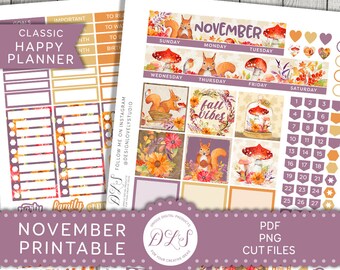 Op de afbeelding: Een printbare planner voor november met een herfstthema. De planner heeft een paars en bruin kleurenschema met illustraties van eekhoorns, paddenstoelen en zonnebloemen. De tekst "November Printable" wordt onderaan de pagina in een groot lettertype weergegeven.