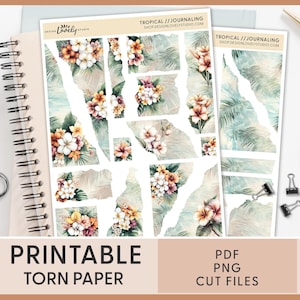 Adesivi di carta strappata tropicale - Elementi di carta strappata stampabili per journaling, scrapbooking e decorazioni estive per planner costieri, palme, JS223