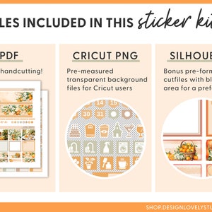 Puede incluir: Un kit de pegatinas descargable digitalmente con un tema c&iacute;trico. El kit incluye un archivo PDF para cortar a mano, un archivo Cricut PNG con un fondo transparente y un archivo de corte Silhouette con sangrado.