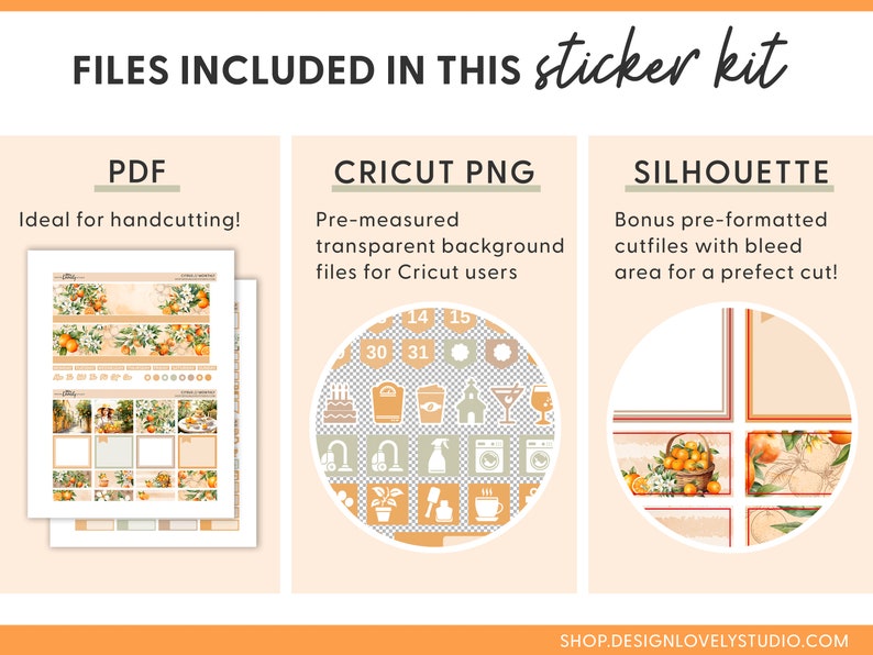 Puede incluir: Un kit de pegatinas descargable digitalmente con un tema c&iacute;trico. El kit incluye un archivo PDF para cortar a mano, un archivo Cricut PNG con un fondo transparente y un archivo de corte Silhouette con sangrado.