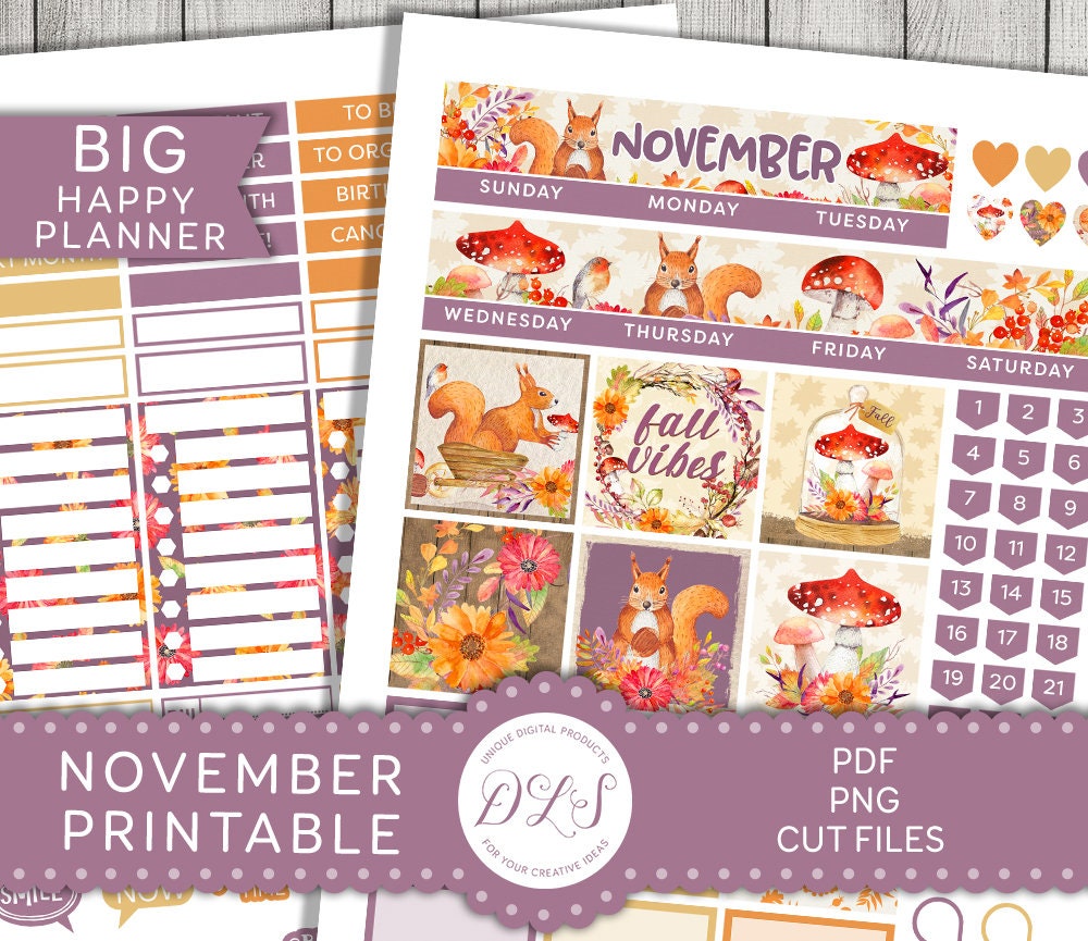 Printable NOVEMBER Monthly Stickers Kit Big Happy Planner - Etsy