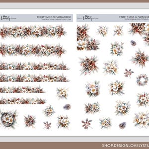 Pode incluir: Duas folhas de autocolantes de decora&ccedil;&atilde;o floral com o texto "Frosty Mist // Floral Deco" e "Shop Design Lovely Studio.com". Os autocolantes apresentam ilustra&ccedil;&otilde;es em aquarela de flores de inverno, pinhas e vegeta&ccedil;&atilde;o em tons de branco, castanho e vermelho.