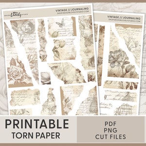 Adesivi stampabili di carta strappata vintage, adesivi floreali effimeri per diario spazzatura shabby chic, scrapbooking, diario di proiettili, pianificatore, JS133