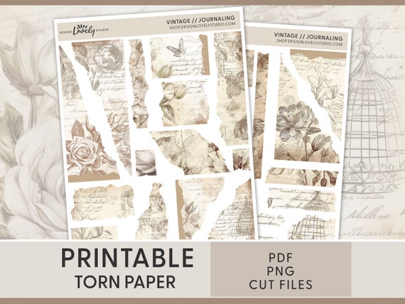 Printable Vintage Torn Paper Stickers, Floral Ephemera Stickers for Shabby Chic Junk Journal, Scrapbooking, Bullet Journal, Planner, JS133