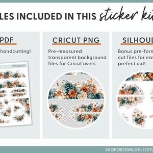 May include: Digital sticker kit with floral designs. Includes PDF files for hand cutting, Cricut PNG files with transparent backgrounds, and Silhouette files for easy cutting. The text on the image says "FILES INCLUDED IN THIS sticker kit".