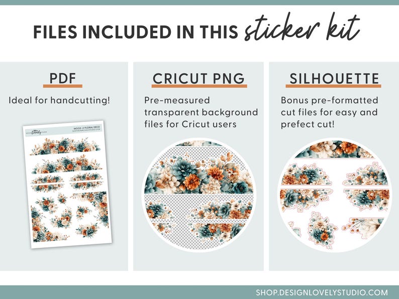 May include: Digital sticker kit with floral designs. Includes PDF files for hand cutting, Cricut PNG files with transparent backgrounds, and Silhouette files for easy cutting. The text on the image says "FILES INCLUDED IN THIS sticker kit".