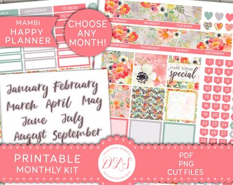 PRINTABLE Happy Planner Stickers, Monthly Planner Stickers Kit, Floral Planner Stickers, Monthly Planner Printable, Cut Files, HPE135