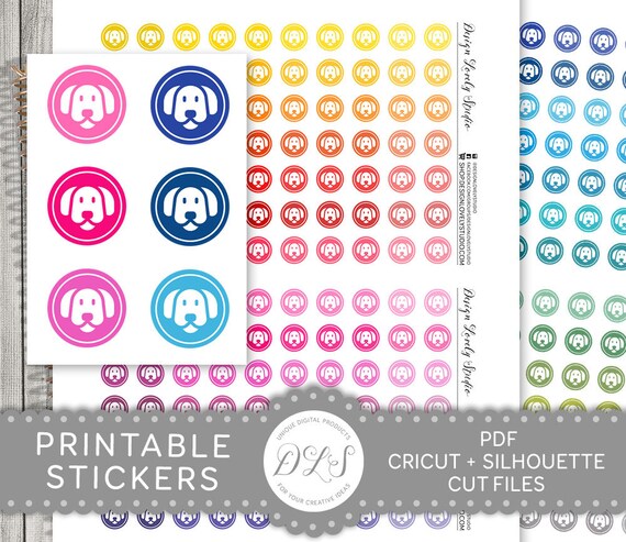 Printable Dog Planner Stickers, Dog Icon Stickers, Dog Care Planner Stickers, Dog Round Icon Stickers, Multicolor, Cut Files, FS164