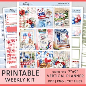 Kit hebdomadaire du 4 juillet - Stickers imprimables pour agenda Erin Condren, étoiles patriotiques, rayures, barbecue et feux d'artifice, VS284
