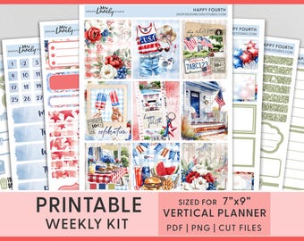 4th of Jul Weekly Kit - Druckbare Planer Aufkleber für Erin Condren Life Planner, Vaterländische Sterne, Streifen, Grillen & Feuerwerk, VS284