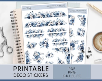 Blue Floral Journaling Stickers, Winter Stickers, New Year Deco Stickers, January Planner Stickers, Bullet Journal, Scrapbook, Blue, JS199