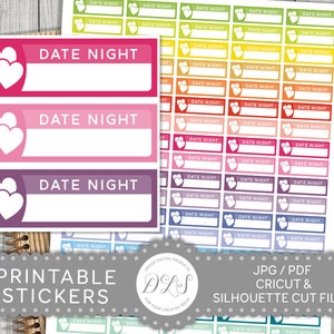 May include: Printable stickers with the text "Date Night" in pink, purple, and gray with a white heart design. The stickers are arranged in a grid pattern with a variety of colors.