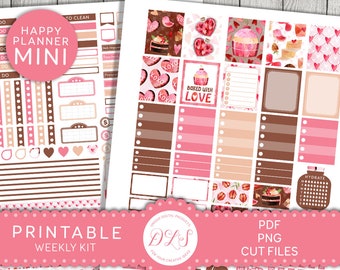 May include: Printable planner stickers with a Valentine's Day theme. The stickers feature pink, brown, and white colors with hearts, cupcakes, and the text "Baked with Love".