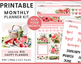 Puede incluir: Kit de planificador mensual imprimible con una ilustración de acuarela de una cesta de picnic con rodajas de sandía y un vaso de jugo. El kit incluye pegatinas con sandía, flores y texto para cada mes del año. El texto "Elige tu mes" está en un círculo rosa.