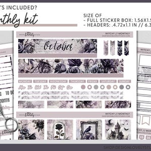 May include: A printable monthly planner kit with a witchy theme. The kit includes a calendar page, a goals to do list, a daily planner, and several decorative stickers. The stickers feature black roses, a raven, a castle, and other witchy elements. The kit is designed for use with a 1.56 x 1.56 inch sticker box. The headers are 4.72 x 1.1 inches or 6.3 x 1.1 inches.