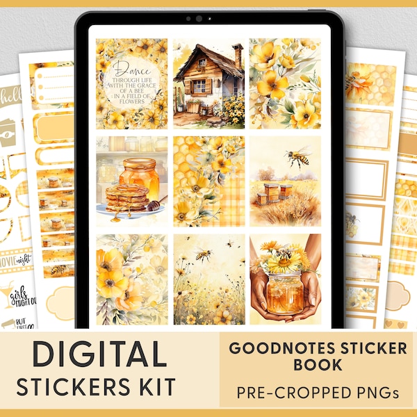 Honey Bee Digital Planner Stickers, Spring Goodnotes Planner Stickers, Bees Stickers, Honeycomb Stickers, Pre-cropped Stickers, DG152