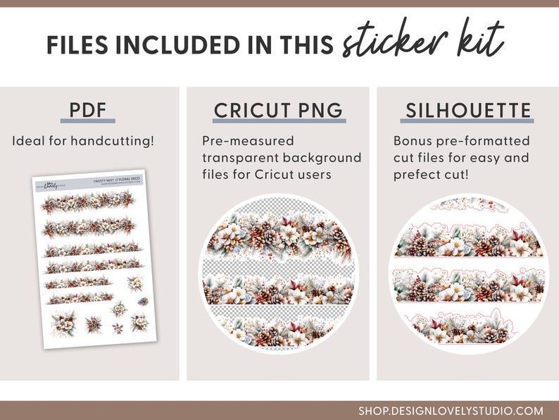 Pode incluir: Um kit de adesivos com arquivos PDF, Cricut PNG e Silhouette. O PDF &eacute; ideal para corte manual. O Cricut PNG oferece arquivos de fundo transparentes pr&eacute;-medidos. Os arquivos Silhouette fornecem arquivos de corte pr&eacute;-formatados.