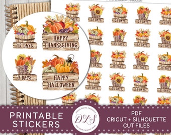 Printable Thanksgiving Countdown Stickers, Printable Halloween Countdown Stickers, Holiday Countdown Stickers Kit, Cut Files, DS130