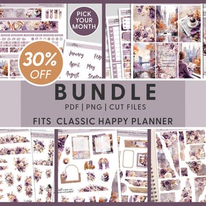 Printable Autumn Planner Stickers Bundle, Fall Monthly Stickers, Weekly Sticker Kit, Journaling Stickers,  Happy Planner, Purple, BH121