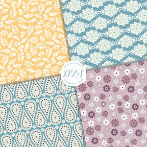 Pu&ograve; includere: Quattro motivi di carta digitale senza cuciture con disegni floreali e paisley. I motivi sono in tonalit&agrave; di giallo, blu, verde e viola.