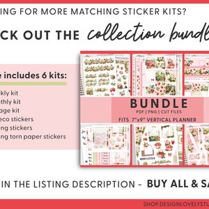 May include: A digital planner sticker bundle with a strawberry theme. The bundle includes a full weekly kit, a full monthly kit, a notes page kit, floral deco stickers, journaling stickers, and journaling torn paper stickers. The stickers are designed to fit a 7" x 9" vertical planner.