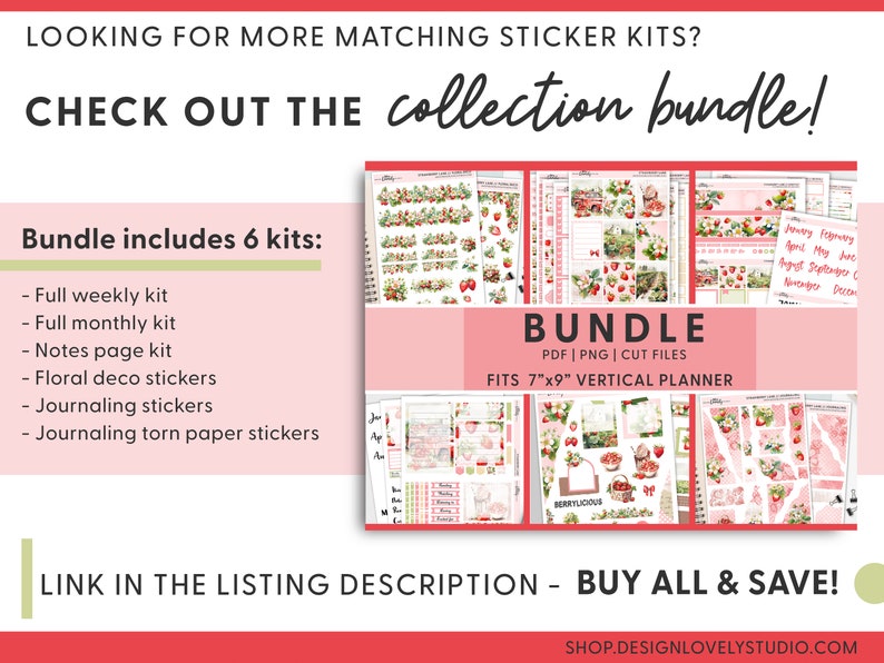 May include: A digital planner sticker bundle with a strawberry theme. The bundle includes a full weekly kit, a full monthly kit, a notes page kit, floral deco stickers, journaling stickers, and journaling torn paper stickers. The stickers are designed to fit a 7" x 9" vertical planner.