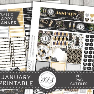 Happy Planner Kit mensuel de janvier, Kit d'autocollants imprimables de janvier, autocollants de planificateur d'or noir, autocollants de planificateur de nouvel an, HPMV154