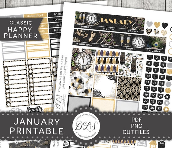 Happy Planner January Monthly Kit, Printable January Stickers Kit, Black Gold  Planner Stickers, New Year Planner Stickers, HPMV154 