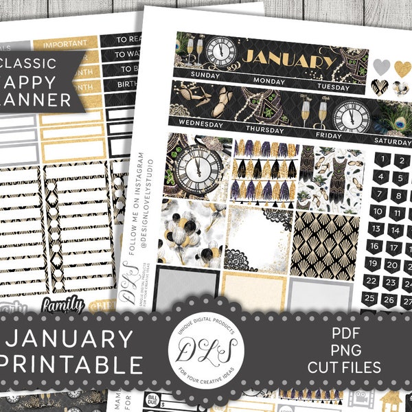 Happy Planner January Monthly Kit, Printable January Stickers Kit, Black Gold Planner Stickers, New Year Planner Stickers, HPMV154