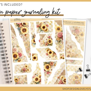 May include: A journaling kit with torn paper elements. The kit includes paper pieces with sunflower and floral designs, a spiral notebook, and scissors. The text "Torn paper journaling kit" is visible.