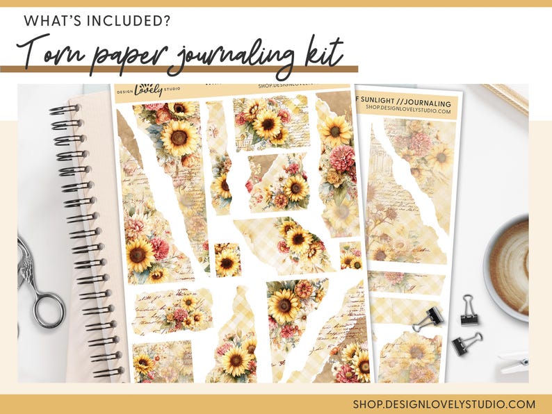 May include: A journaling kit with torn paper elements. The kit includes paper pieces with sunflower and floral designs, a spiral notebook, and scissors. The text "Torn paper journaling kit" is visible.